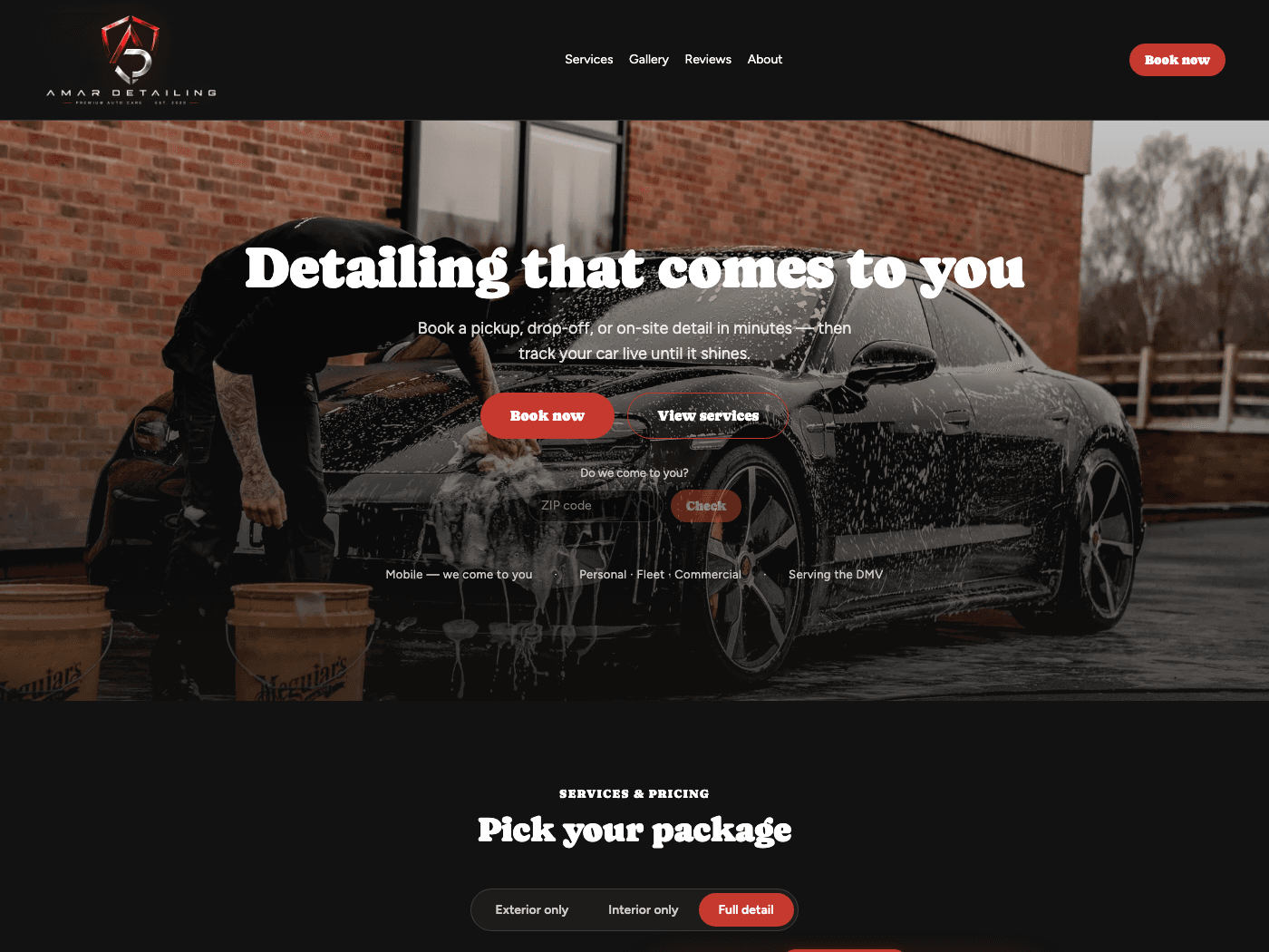 The Amar Detailing booking site: hero, service-area check and package picker.